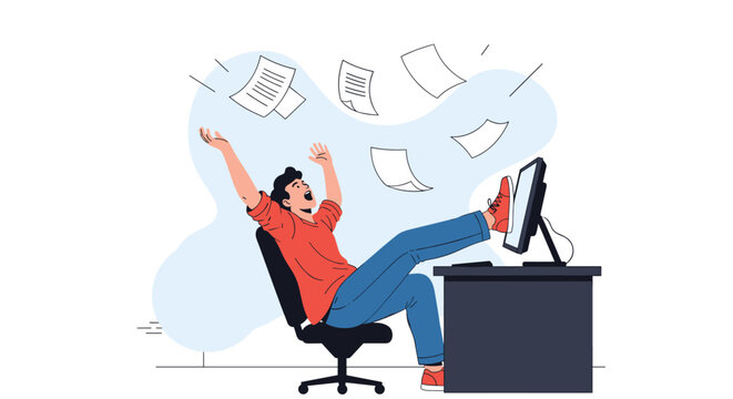 Overjoyed office worker throwing papers in air with feet on desk celebrating successful project completion.