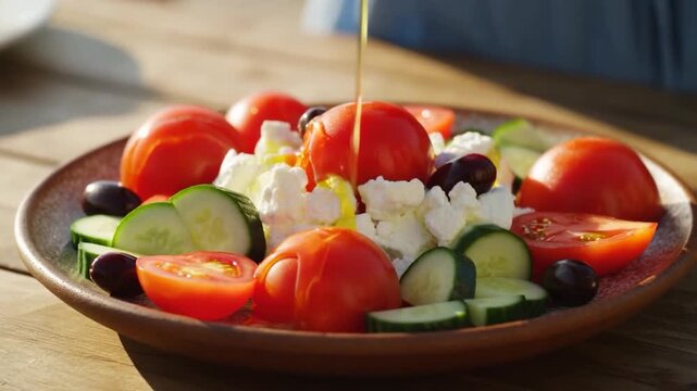 Fresh Mediterranean salad with tomatoes, cucumbers, olives, and cheese being drizzled with olive oil in natural ligh