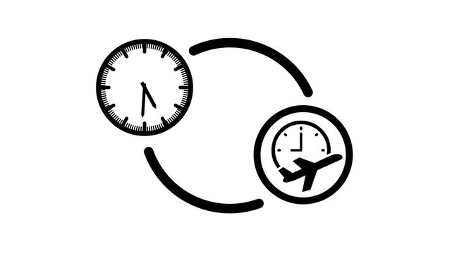 Minimalist time and travel animation: clock hands spinning and airplane departure