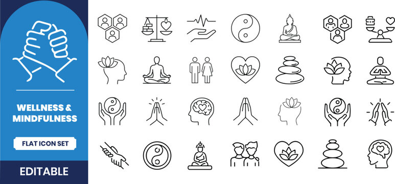 Wellness and mindfulness icon set yoga meditation and mental health graphics