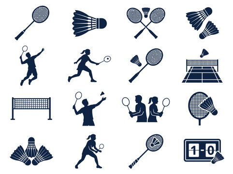 Badminton icons and sports equipment.