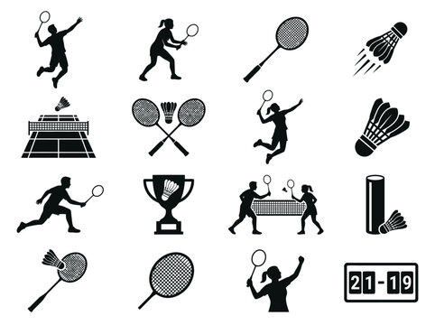 Badminton Sports Icons and Equipment Symbols.