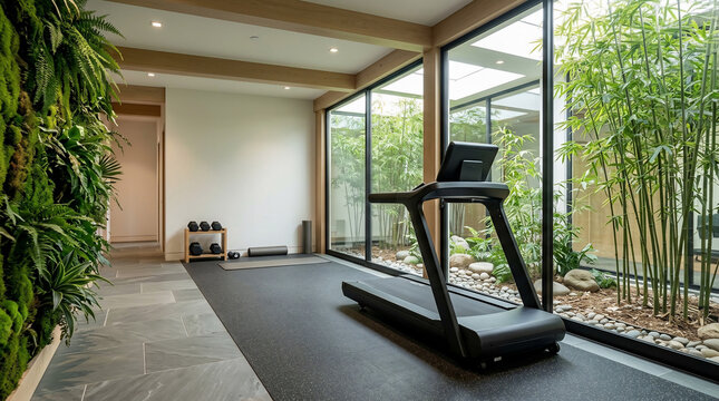 Interior of a modern home gym with treadmill, living green wall, and glass windows overlooking bamboo garden