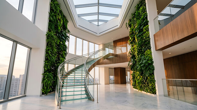 A spiral staircase leads to an upper level in a modern building with a green living wall and large windows.