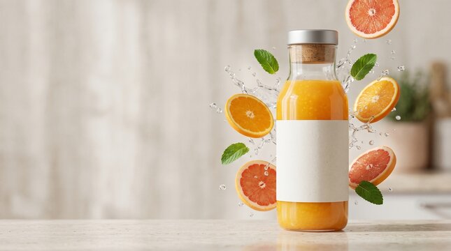 Bright orange juice bottle with floating citrus slices and a dynamic splash effect on a light wooden surface.