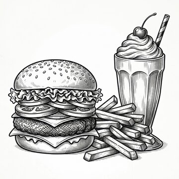A classic diner meal featuring a stacked cheeseburger, a generous serving of crispy French fries, and a tall whipped cream milkshake topped with a cherry, arranged in a nostalgic American restaurant.