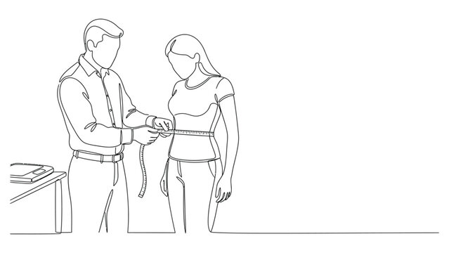 Continuous line drawing of a professional tailor measuring a womans waist for clothing fit