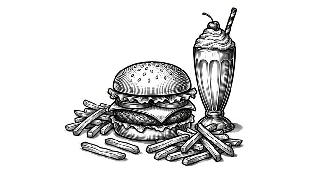 A classic diner meal featuring a stacked cheeseburger, a generous serving of crispy French fries, and a tall whipped cream milkshake topped with a cherry, arranged in a nostalgic American restaurant.