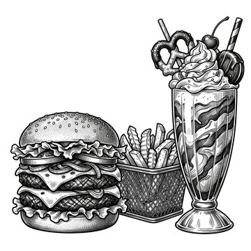A classic diner meal featuring a stacked cheeseburger, a generous serving of crispy French fries, and a tall whipped cream milkshake topped with a cherry, arranged in a nostalgic American restaurant.