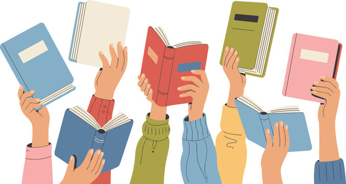 Diverse human hands reaching up holding open and closed textbooks vector collection featuring colorful cartoon books, readers arms, and literacy day elements isolated on white background