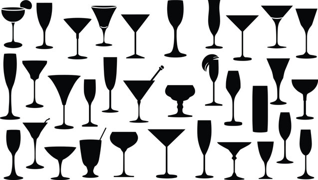 Set of assorted cocktail glasses in black silhouette style for bar and beverage menu design with cocktail beverage silhouette collection champagne stemware