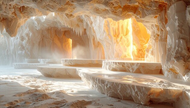 Luxurious white calcite canyon mockup scene with natural stone podiums and glowing warm light