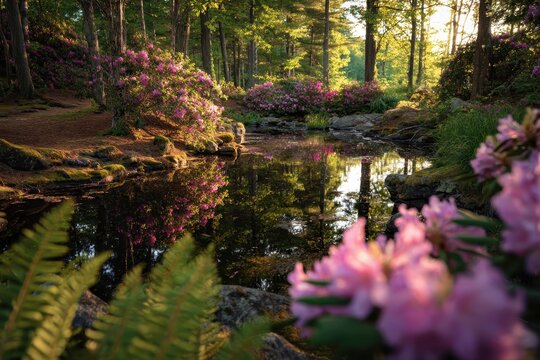 Serene sunset scene with rhododendron blooms along a forest trail in Massachusetts