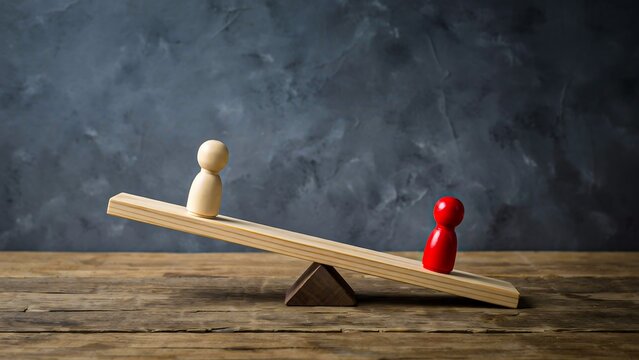 Wooden balance seesaw with red and natural figures symbolizing equality and imbalance