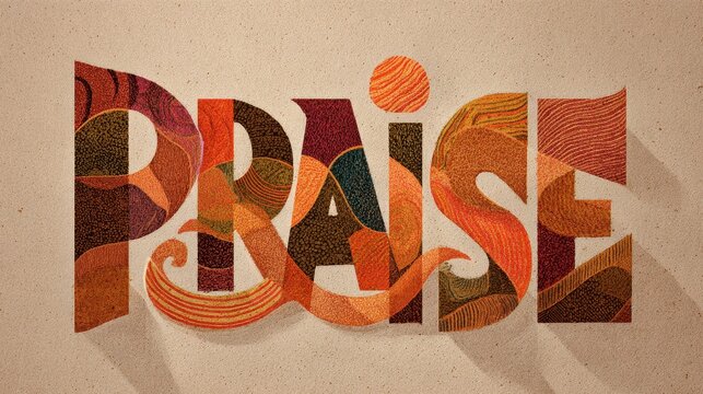 Serene typographic arrangement of praise words on an earthy textured backdrop