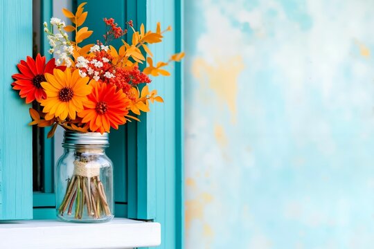 A vase filled with orange and red flowers sitting on a window sill