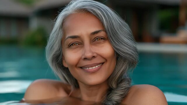 Mature woman relaxing while resting arms on pool edge