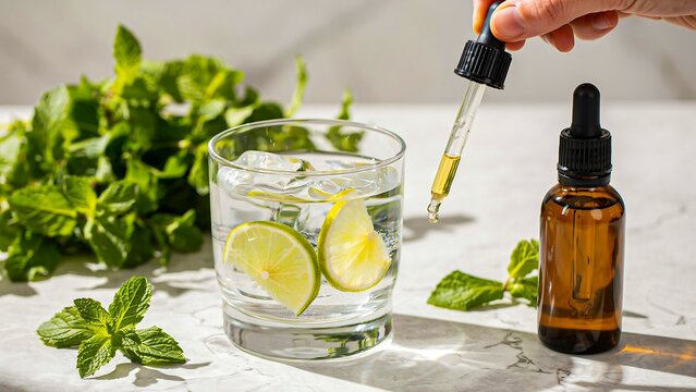 Natural herbal tincture dropper with lemon water fresh mint and medicinal herbs