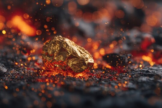 Shimmering gold nugget on orange-red embers in a dramatic close-up