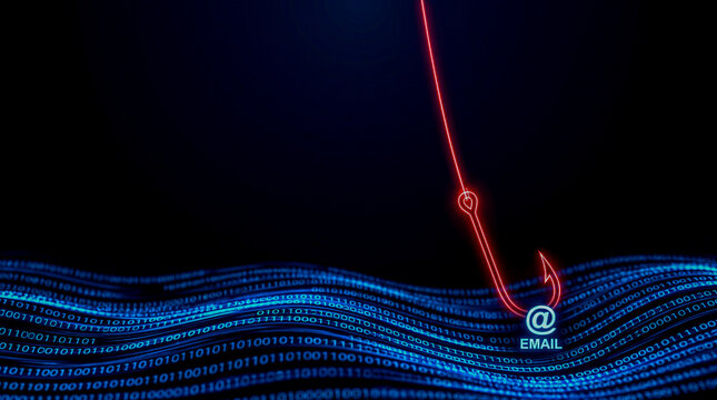 Glowing phishing hook targeting email in binary data stream