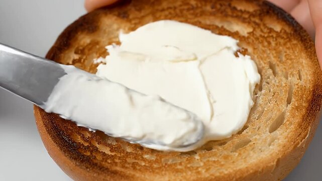 Cream cheese spreading on a toasted bagel half with a metal knife in the kitchen