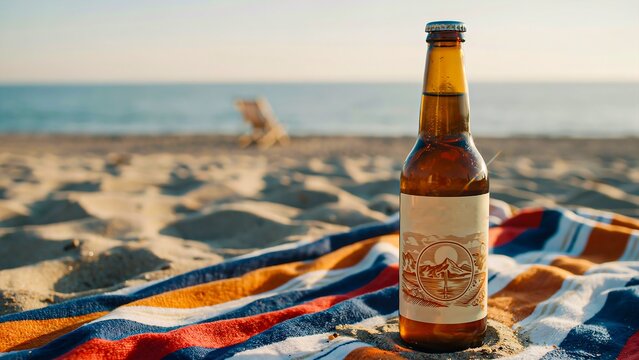Amber beer bottle mockup on sandy beach with ocean view for summer beverage branding and vacation concept