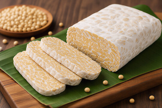 Fresh raw tempeh or tempe sliced on banana leaf with soybeans, traditional Indonesian food, plant-based protein, vegan meat alternative.