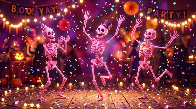 Cheerful skeletons dancing at a halloween party with confetti and festive lights