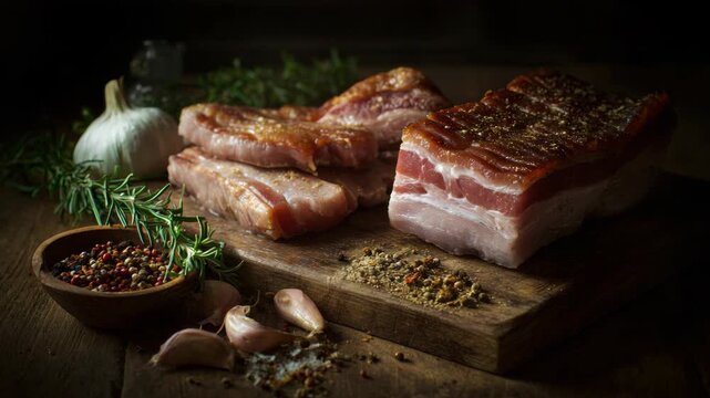 This captures a mouthwatering scene of three succulent pork ribs resting on a rustic wooden cutting board. The rich glaze and seasonings suggest a slow-cooked preparation.
