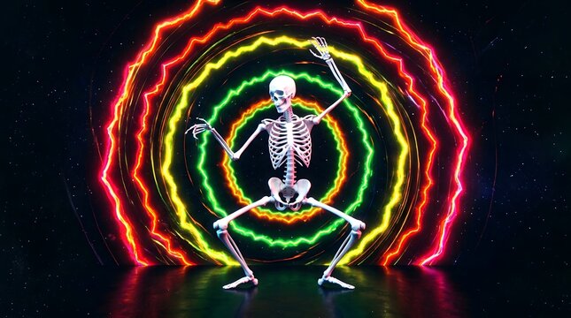 Dancing skeleton in front of a vibrant neon circular light tunnel in deep space