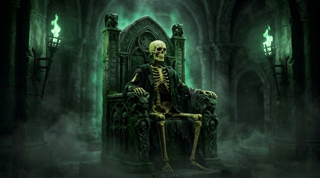 Skeleton king sitting on an ancient stone throne in a dark gothic chamber