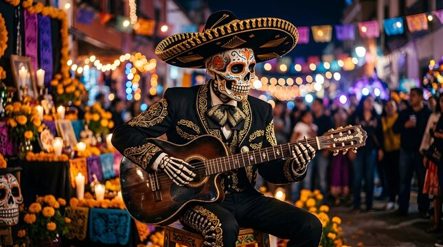 Mariachi skeleton musician playing guitar at a festive day of the dead street celebration