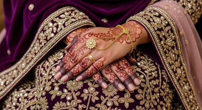 Indian bride hands with intricate henna mehndi designs and gold jewelry on purple bridal dress.