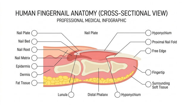 Human Nail Anatomy Cross Section Vector Diagram with Fingernail Structure Educational Illustration.