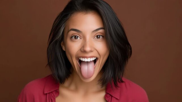 Young woman sticking out tongue in brown studio portrait