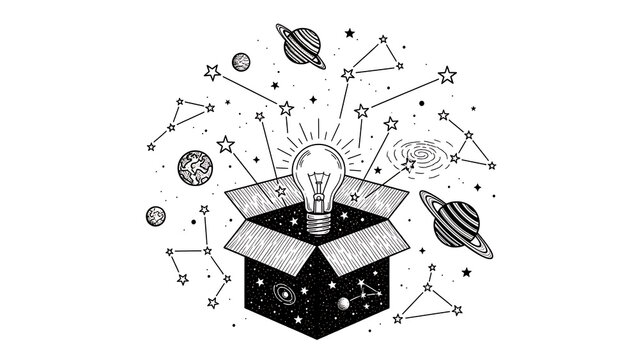 Innovative Ideas Shine Bright in a Mysterious Box with Celestial Bodies and Stars