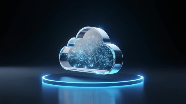 Rotating Cloud Computing Icon with Glowing Digital Data Particles
