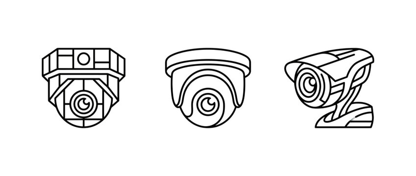 Security camera line icons set dome and bullet style surveillance monitoring