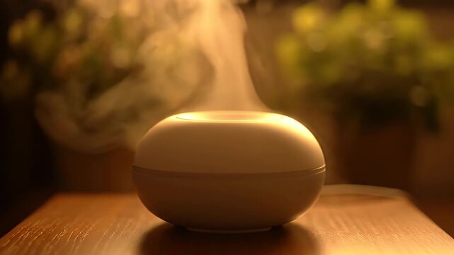 Essential oil diffuser releasing mist in a warm cozy room with soft ambient light