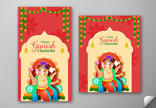 Editable Happy Ganesh Chaturthi Social Media Greeting Post and Story Template with Lord Ganesha Idol Illustration on Red and Beige Festive Background.