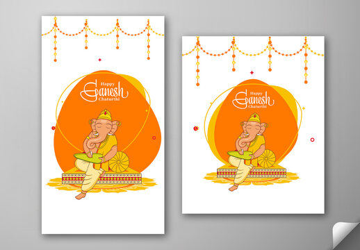 Editable Happy Ganesh Chaturthi Social Media Greeting Post and Story Template with Lord Ganesha Writing on Leaf and Festive Decorations on White Background.