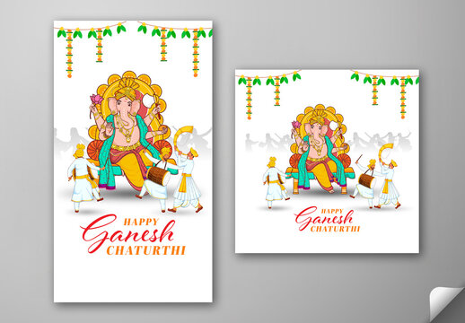 Editable Happy Ganesh Chaturthi Social Media Greeting Post and Story Template with Lord Ganesha Idol Illustration and Indian Men Playing Traditional Instruments on White Festive Background.