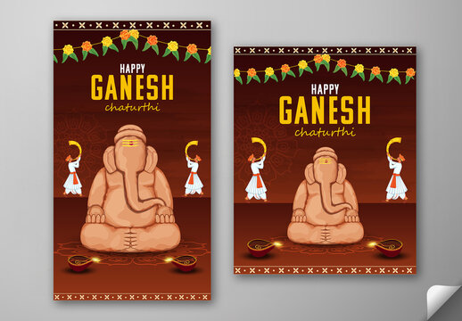 Editable Happy Ganesh Chaturthi Social Media Greeting Post and Story Template with Lord Ganesha Clay Idol Near Burning Diyas and Indian Men Blowing Tutari on Brown Festive Background.