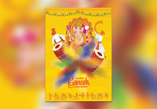Editable Happy Ganesh Chaturthi Festival Flyer Template with Lord Ganesha Idol, Indian Men Playing Traditional Instruments and Vibrant Color Splash on Yellow Background.