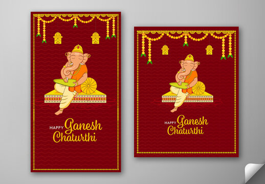 Editable Happy Ganesh Chaturthi Social Media Greeting Post and Story Template with Lord Ganesha Writing on Leaf and Festive Decorations on Red Waves Pattern Background.