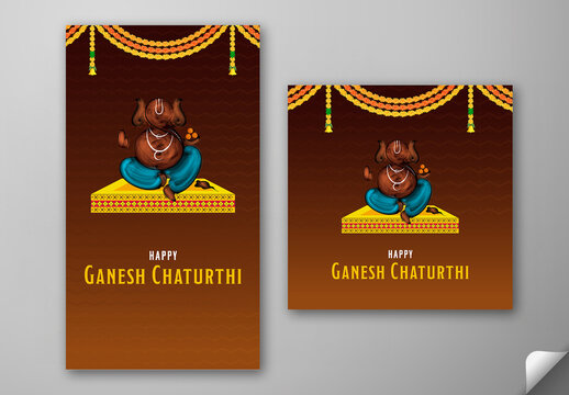 Editable Happy Ganesh Chaturthi Social Media Greeting Post and Story Template with Artistic Lord Ganesha Idol, Traditional Floral Toran Decoration on Brown Festive Background.