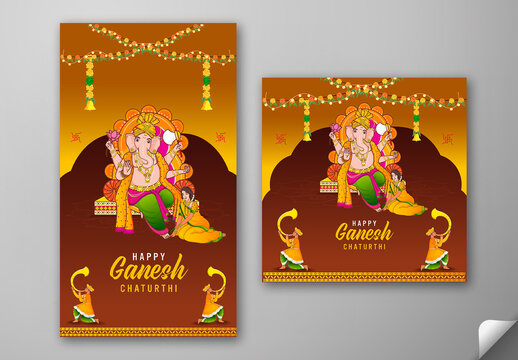 Editable Happy Ganesh Chaturthi Social Media Greeting Post and Story Template with Lord Ganesha Idol, Devotee Woman and Indian Men Blowing Tutari Illustration on Festive Background.