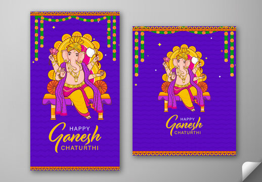 Editable Happy Ganesh Chaturthi Social Media Greeting Post and Story Template with Lord Ganesha Idol Illustration and Floral Garland Decorated on Purple Background.