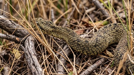 Obraz premium Camouflaged Viper Snake Resting Among Dry Grass and Twigs in Natural Habitat.