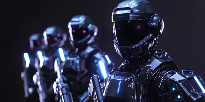 Futuristic soldiers in advanced armored suits stand ready with glowing weapons.